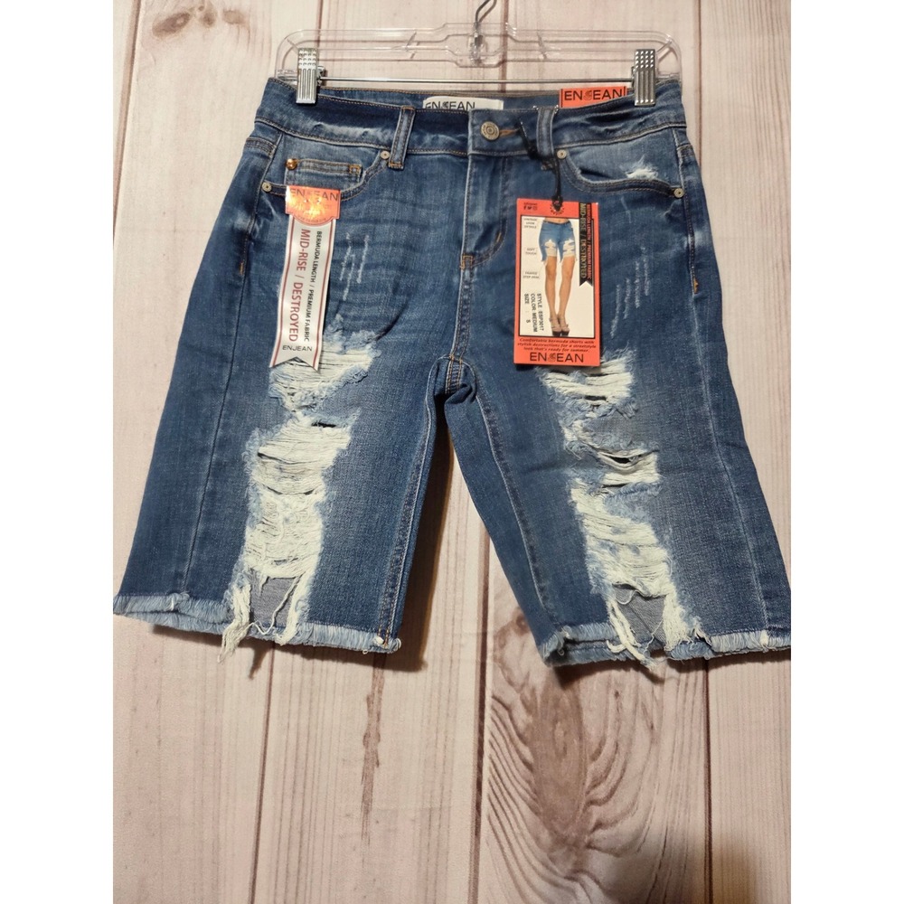 ENJEAN Womens Mid Rise Destroyed Distressed Denim Bermuda Shorts Size S